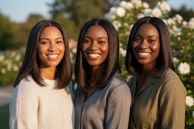 3 black women with straight hair smiling