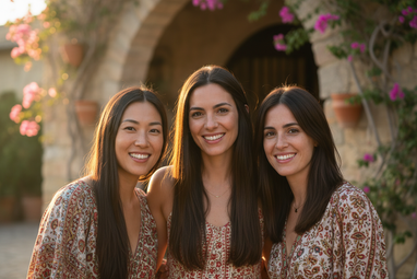 3 Spanish women with straight hair smiling 