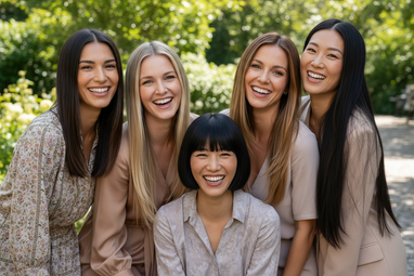 5 happy women with straight hair smiling 