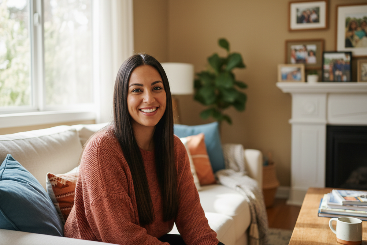 A Hispanic woman with straight hair smiling in her home