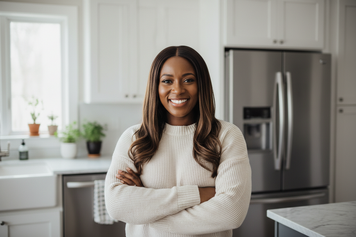 Black woman with straight hair arms folded in the kitchen smiling 