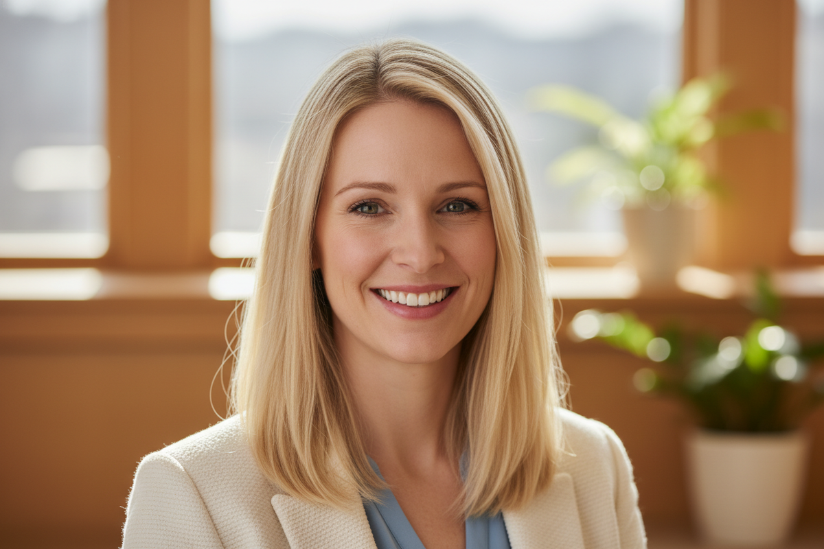 Smiling white woman with straight hair 
