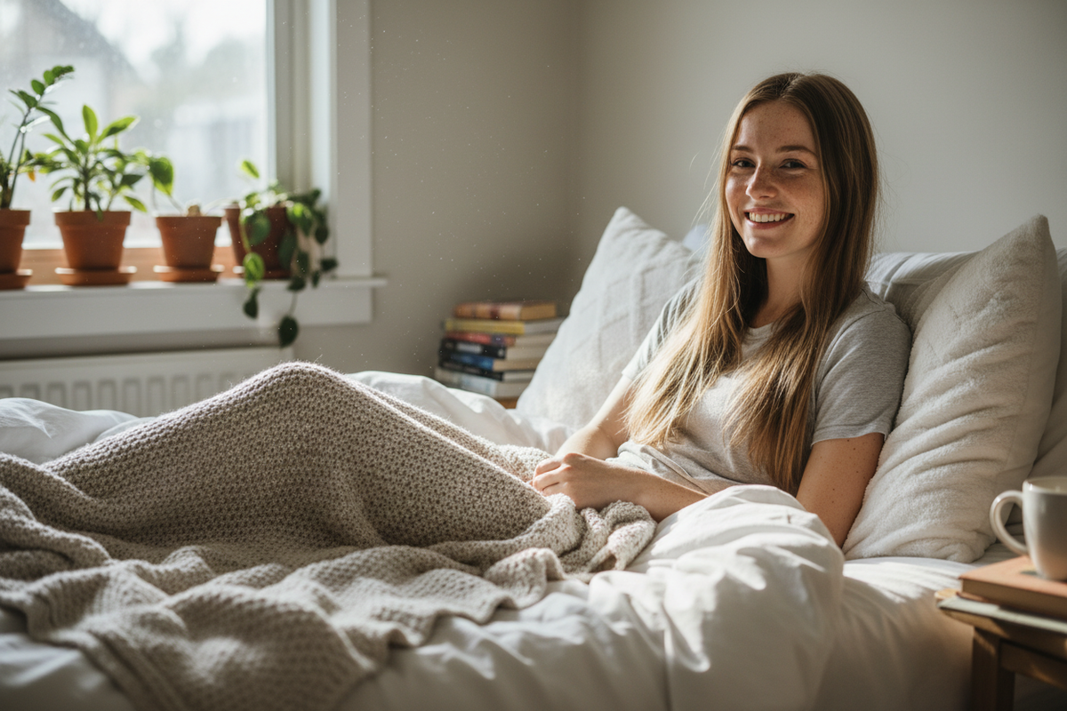 White woman with freckles and straight hair smiling in her bed