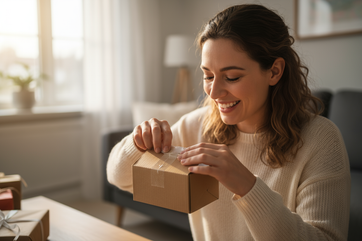 Woman unboxing a small package smiling 